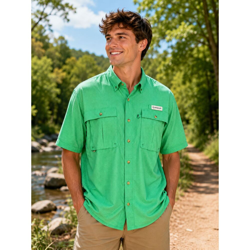 Magellan Outdoors Mens Size XL Green Gingham Vented Fishing Shirt Short Sleeve